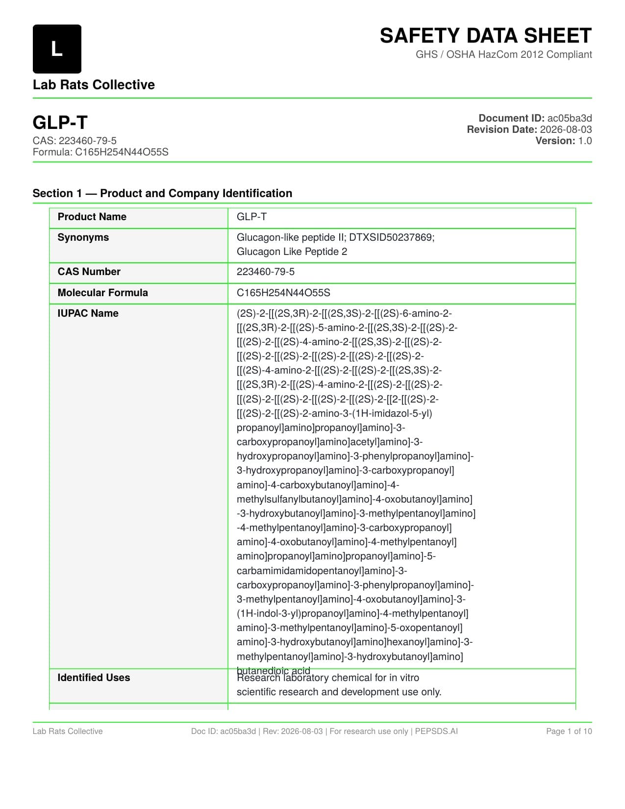 GLP-T 15mg Safety Data Sheet