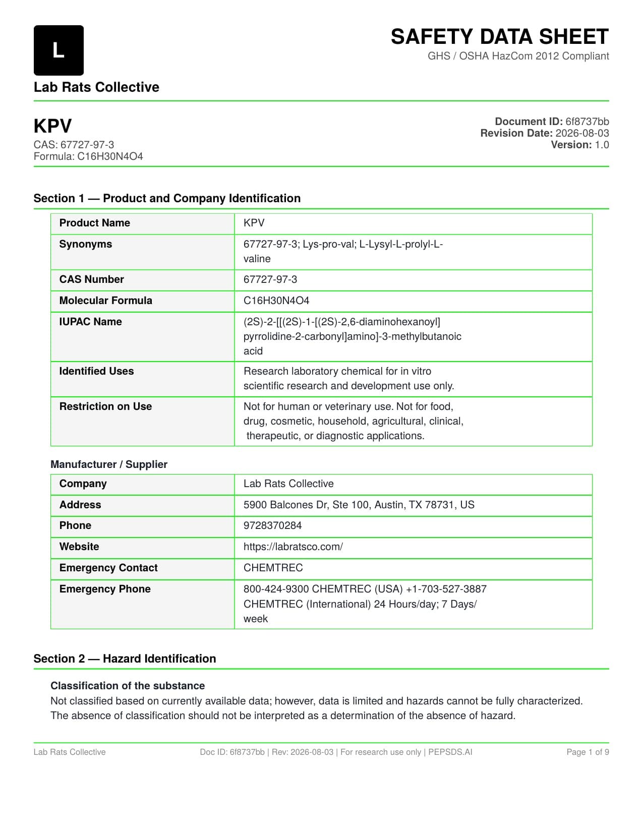 KPV 10mg Safety Data Sheet