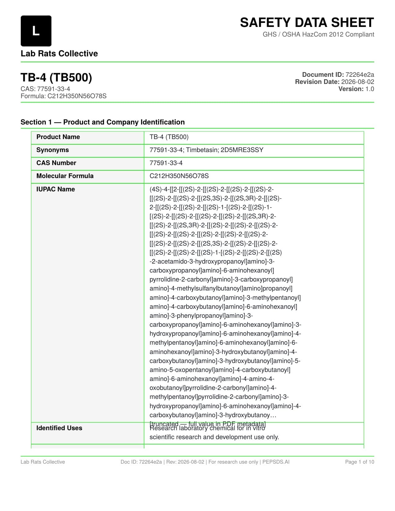 TB500 (TB-4) 10mg Safety Data Sheet