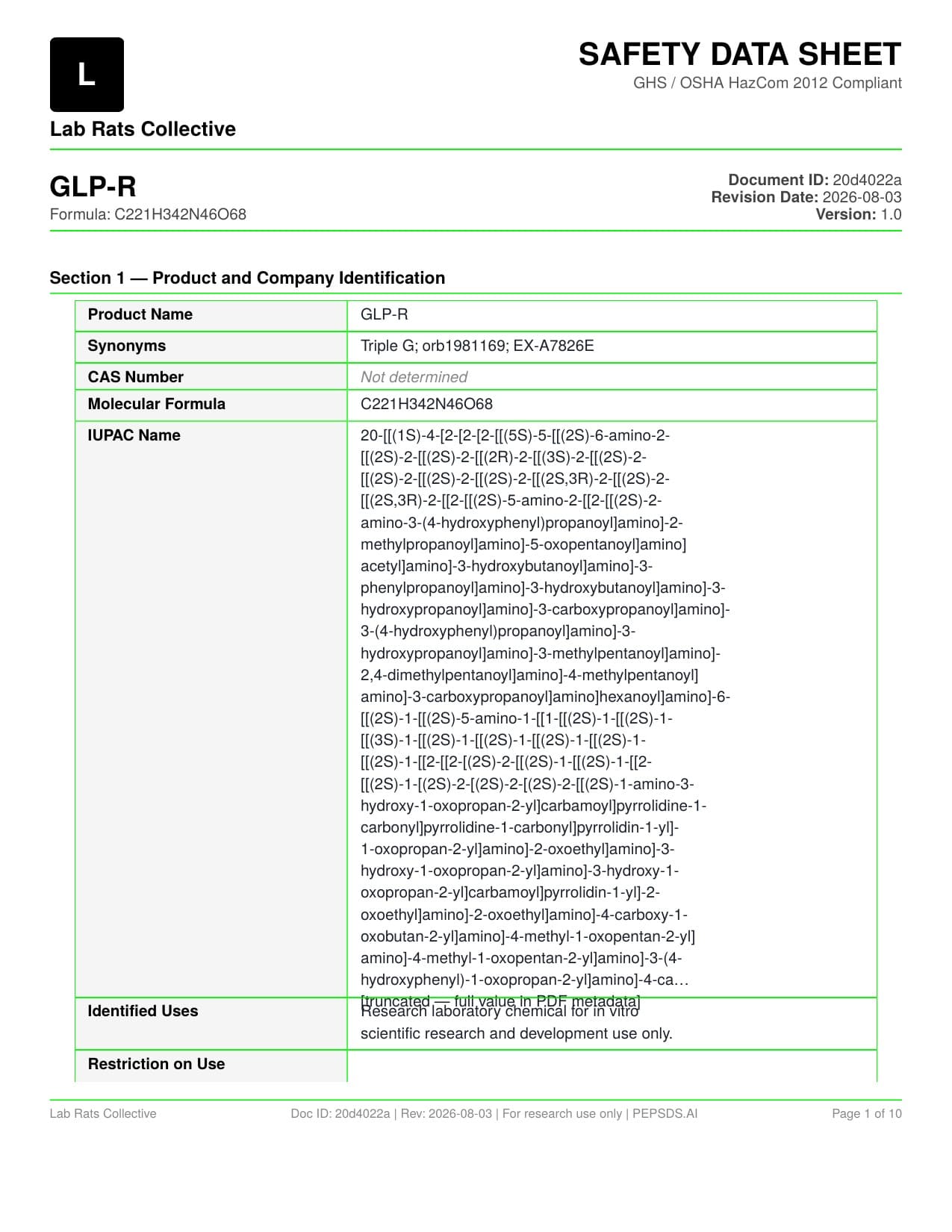GLP-R 20mg Safety Data Sheet