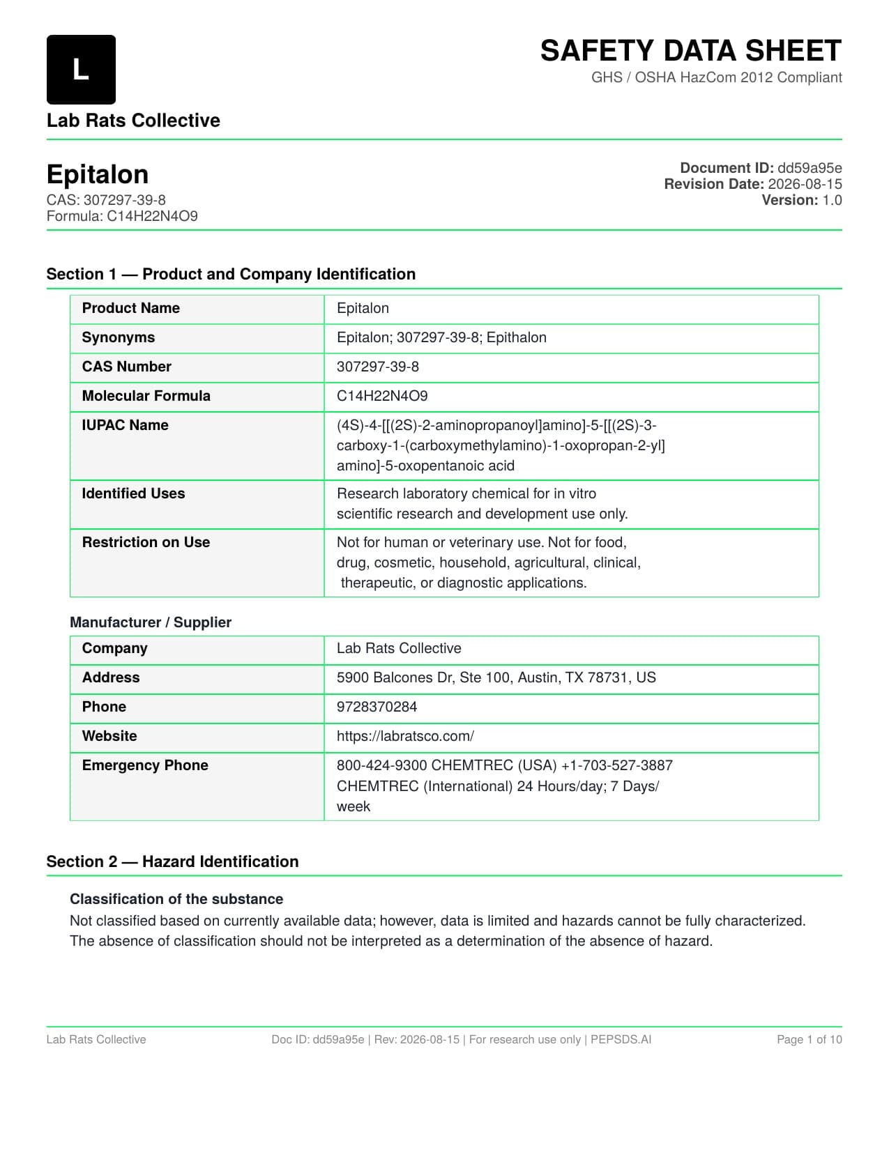 Epithalon Spray SDS